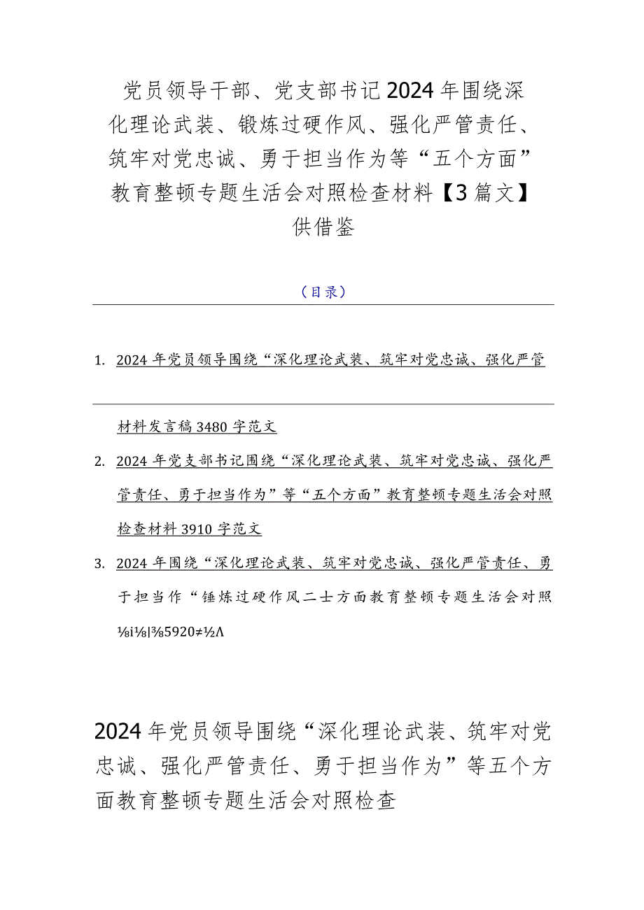 党员领导干部、党支部书记2024年围绕深化理论武装、锻炼过硬作风、强化严管责任、筑牢对党忠诚、勇于担当作为等“五个方面”教育整顿专题.docx_第1页