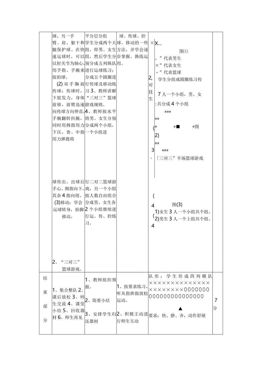 人教版初中七年级体育与健康第四章《篮球—双手胸前传接球、运球、控球、移动、“三对三”篮球游戏》教案.docx_第3页