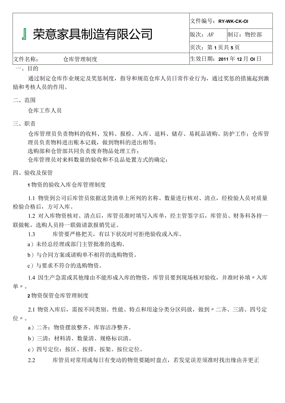 家具厂仓库管理制度物资验收及保管仓库现场管理规定.docx_第1页