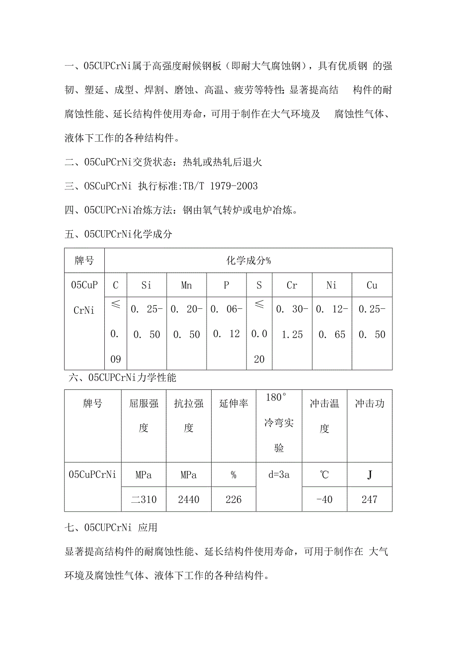 05CuPCrNi耐候钢性能、成分分析.docx_第1页