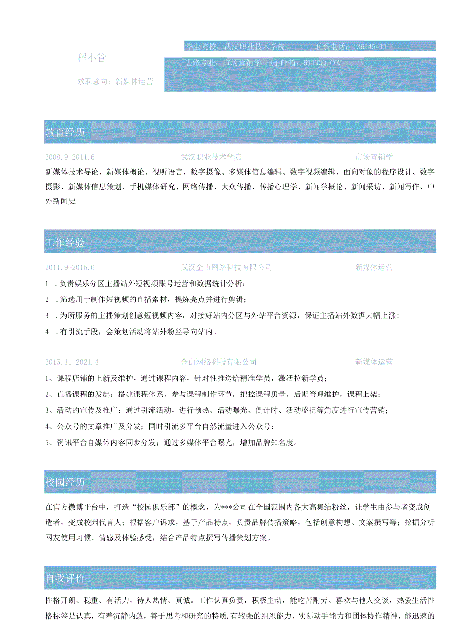 2021年自媒体运营求职单页简历模板.docx_第1页