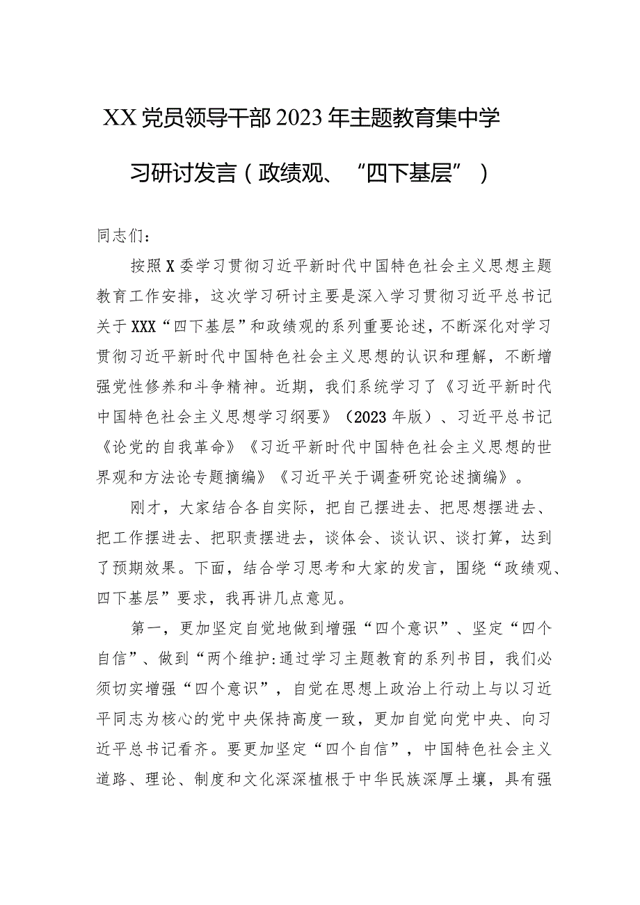 XX党员领导干部2023年主题教育集中学习研讨发言（政绩观、“四下基层”） .docx_第1页