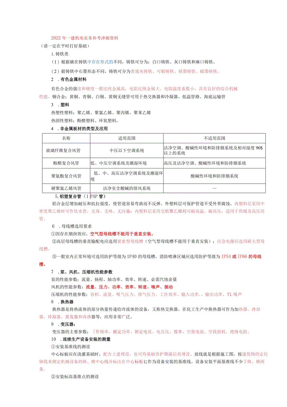 2022年一建机电实务考前精练几页纸（补考考点）.docx_第1页