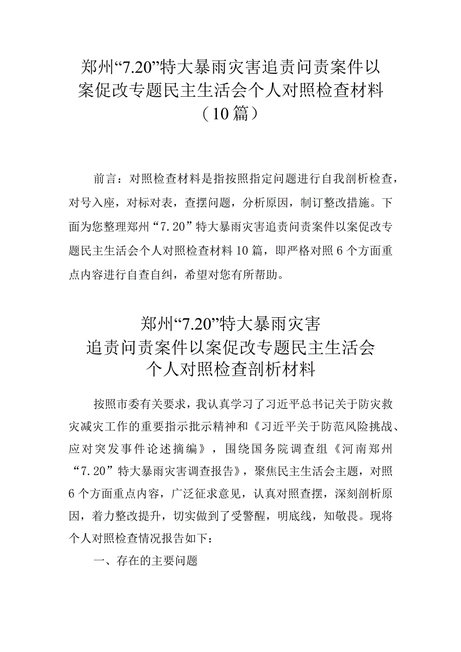 10篇郑州“7.20”特大暴雨灾害追责问责案件以案促改专题民主生活会个人对照检查材料.docx_第1页