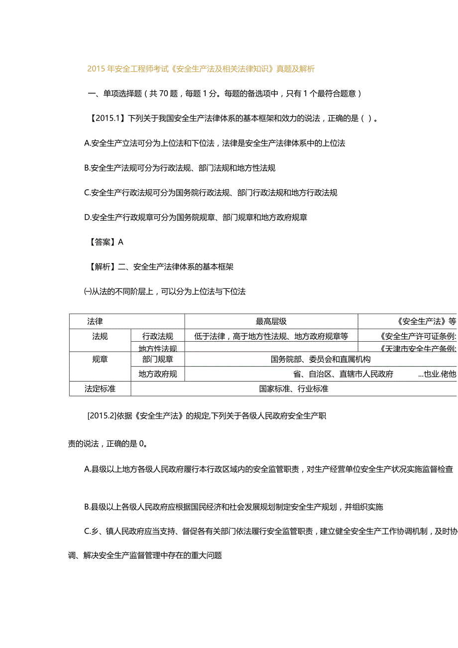 2015 年安全工程师考试《安全生产法及相关法律知识》真题及解析.docx_第1页