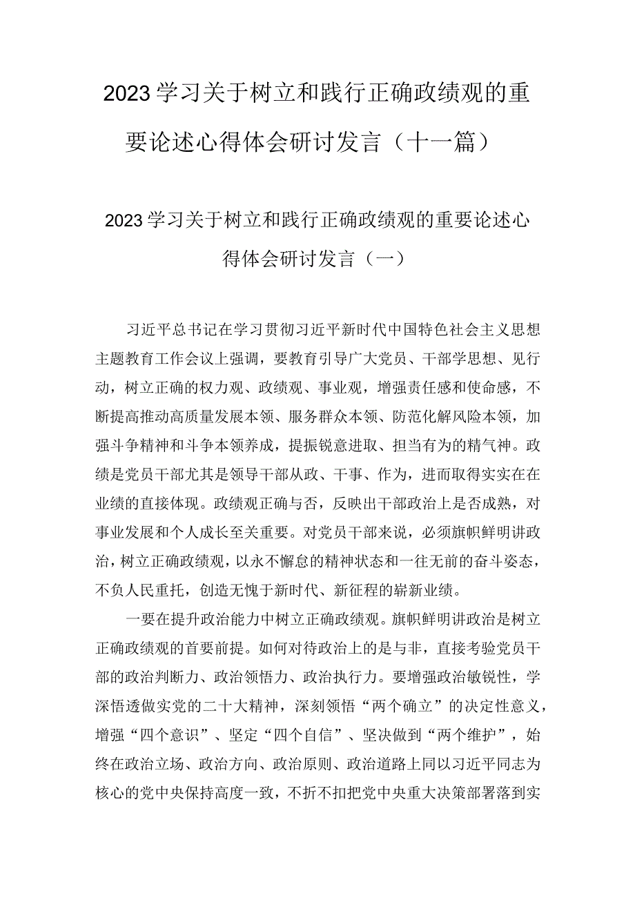 2023学习关于树立和践行正确政绩观的重要论述心得体会研讨发言（11篇）.docx_第1页