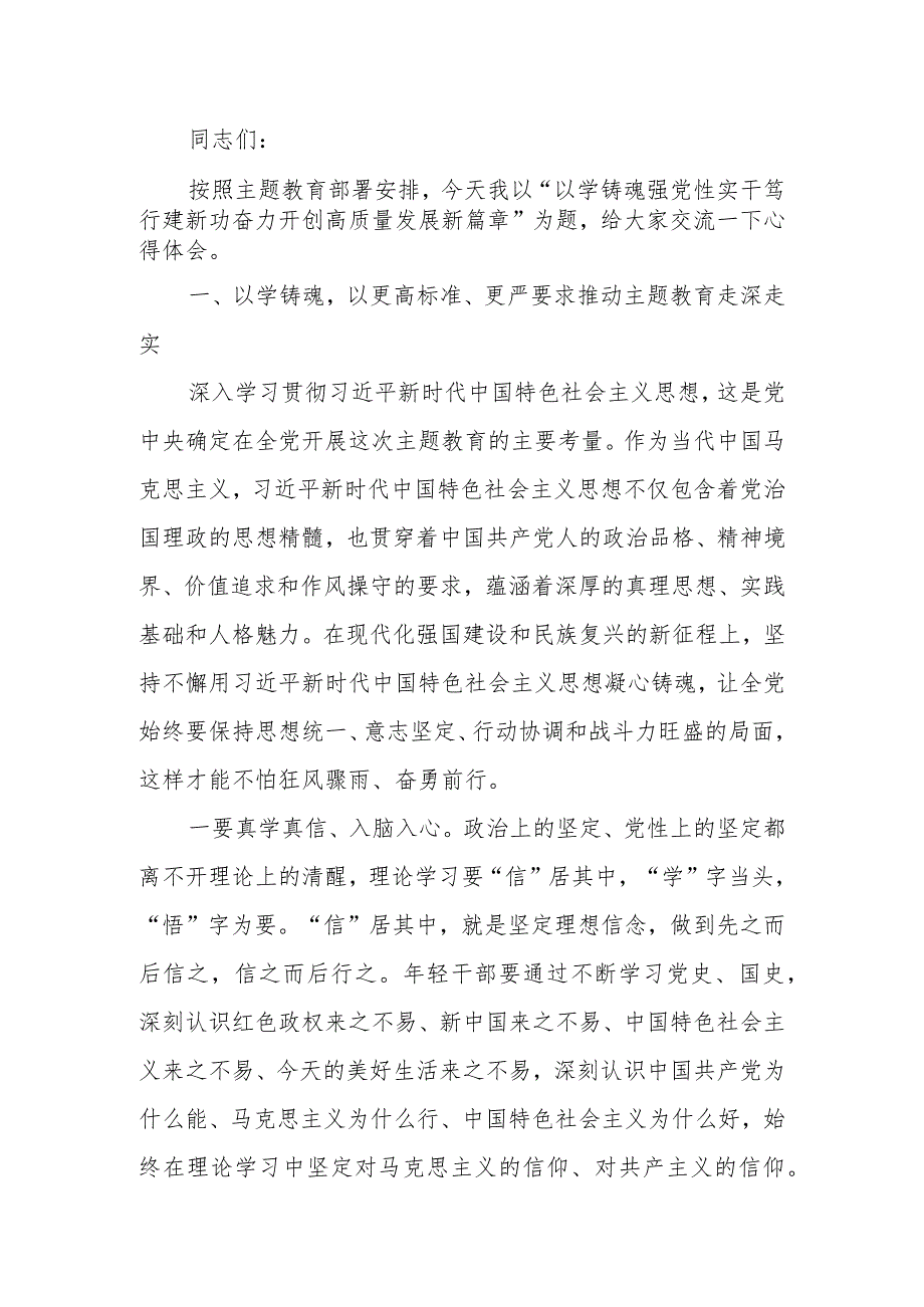 主题教育党课讲稿： 以学铸魂强党性 实干笃行建新功 奋力开创高质量发展新篇章.docx_第1页