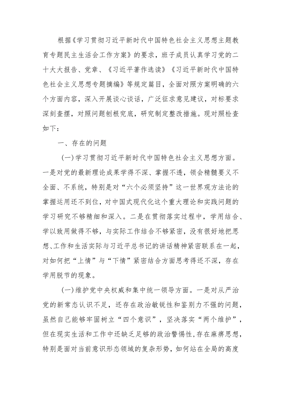 2023年第二批主题教育专题民主生活会班子发言提纲.docx_第1页