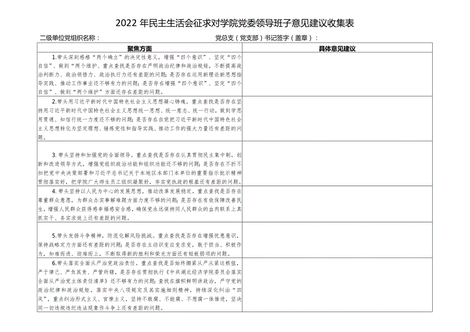 2022年民主生活会征求对学院党委领导班子意见建议收集表.docx_第1页