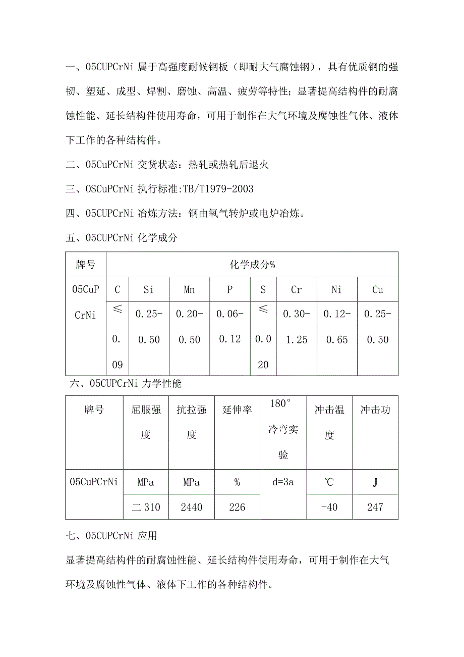 05CuPCrNi耐候钢性能、成分分析.docx_第1页