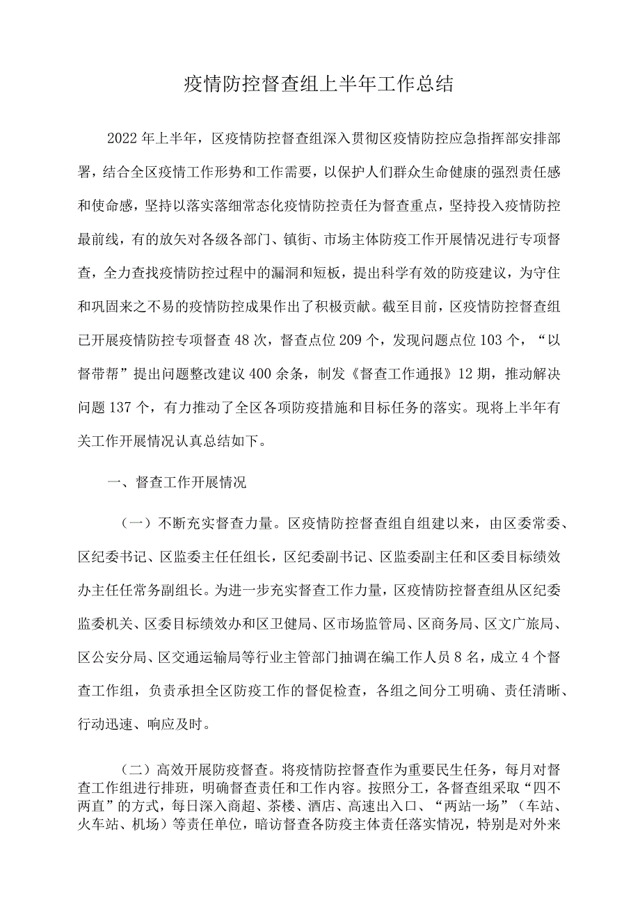 2022年疫情防控督查组上半年工作总结.docx_第1页