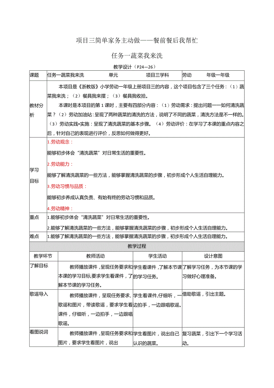 2023浙教版小学劳动一年级上册项目三简单家务主动做——餐前餐后我帮忙教学设计.docx_第1页