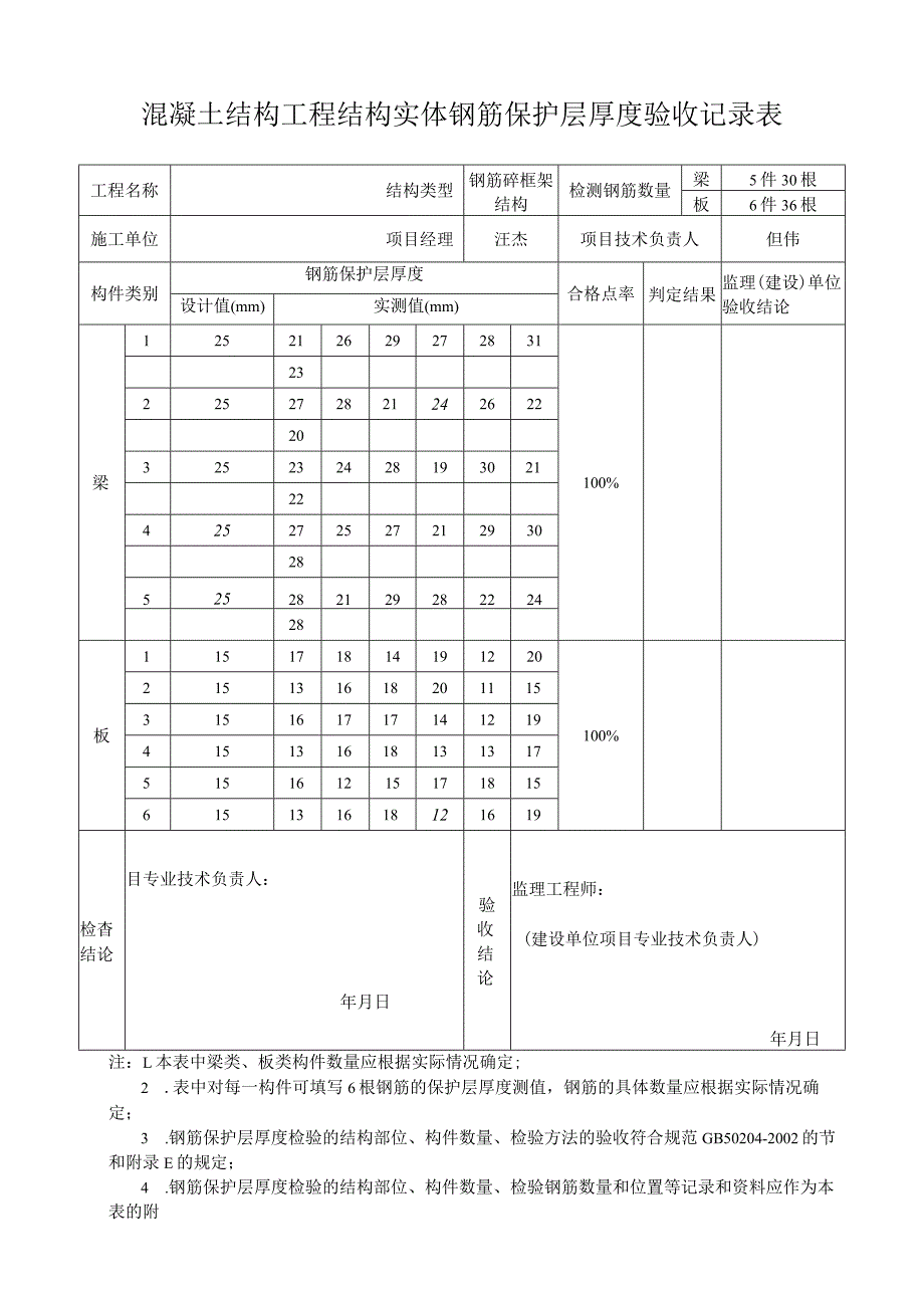 混凝土结构工程结构实体钢筋保护层厚度验收记录表.docx_第1页