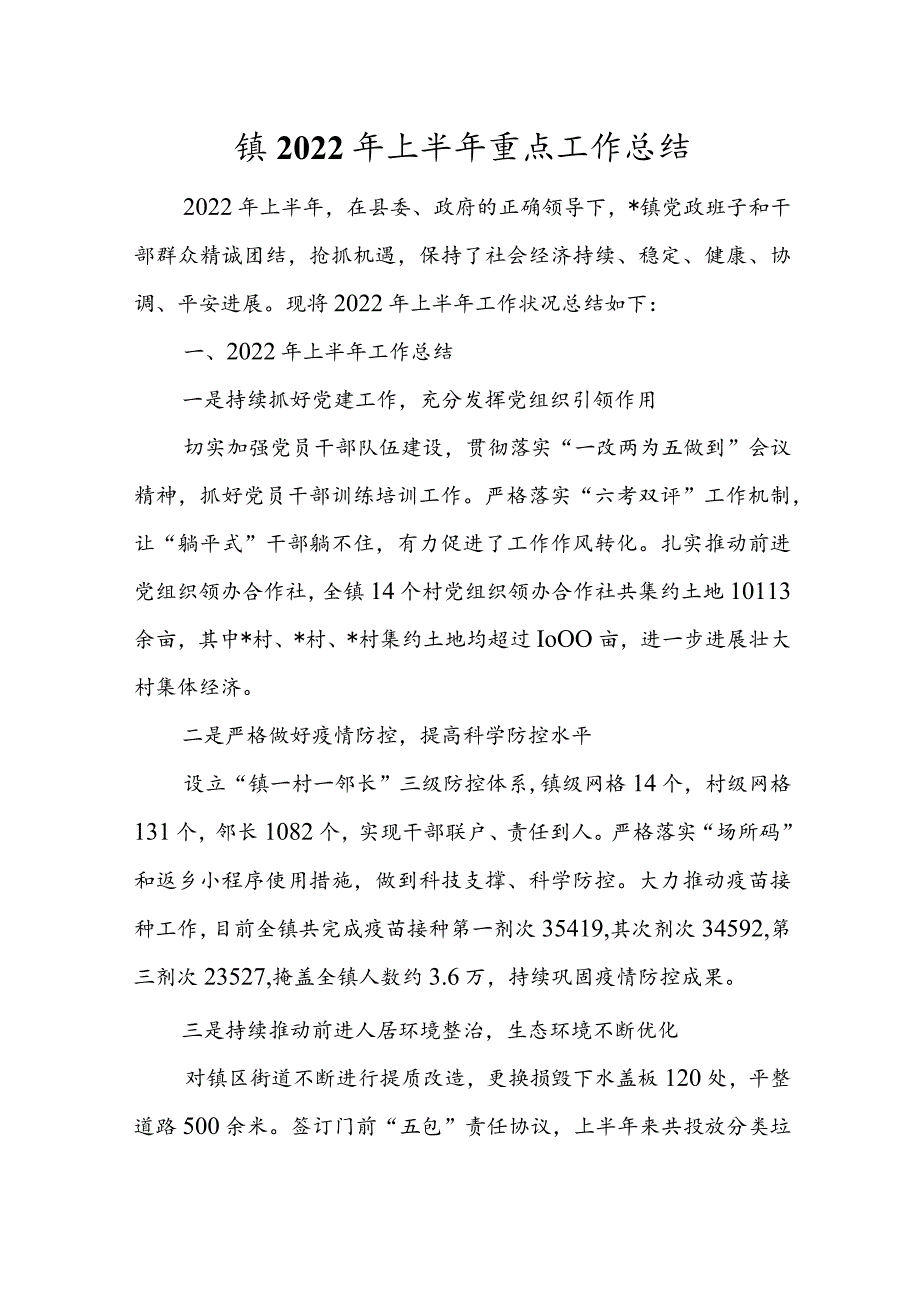 镇2022年上半年重点工作总结.docx_第1页