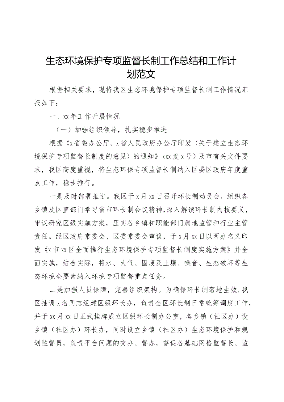 生态环境保护专项监督长制工作总结和工作计划汇报报告.docx_第1页