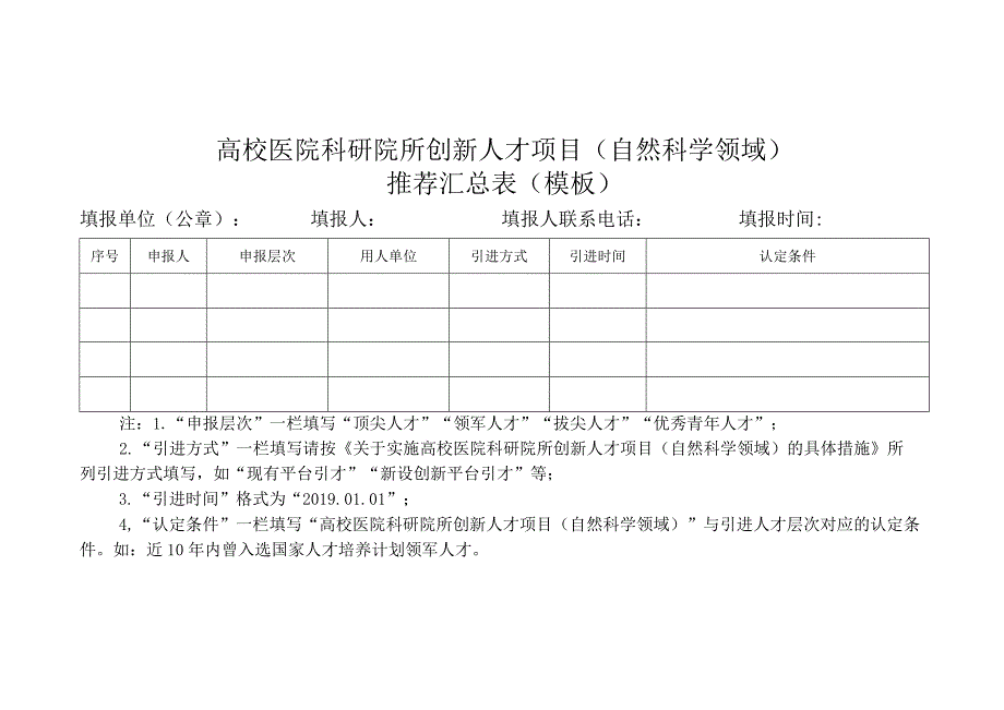 高校医院科研院所创新人才项目（自然科学领域）推荐汇总表（模板）.docx_第1页