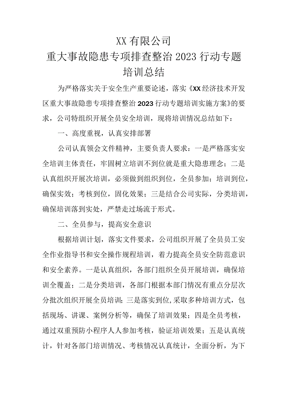 重大事故隐患专项排查整治2023行动专题培训总结.docx_第1页