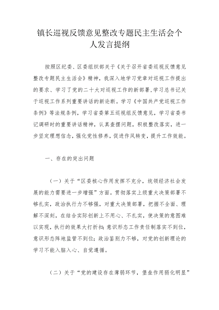 镇长巡视反馈意见整改专题民主生活会个人发言提纲.docx_第1页