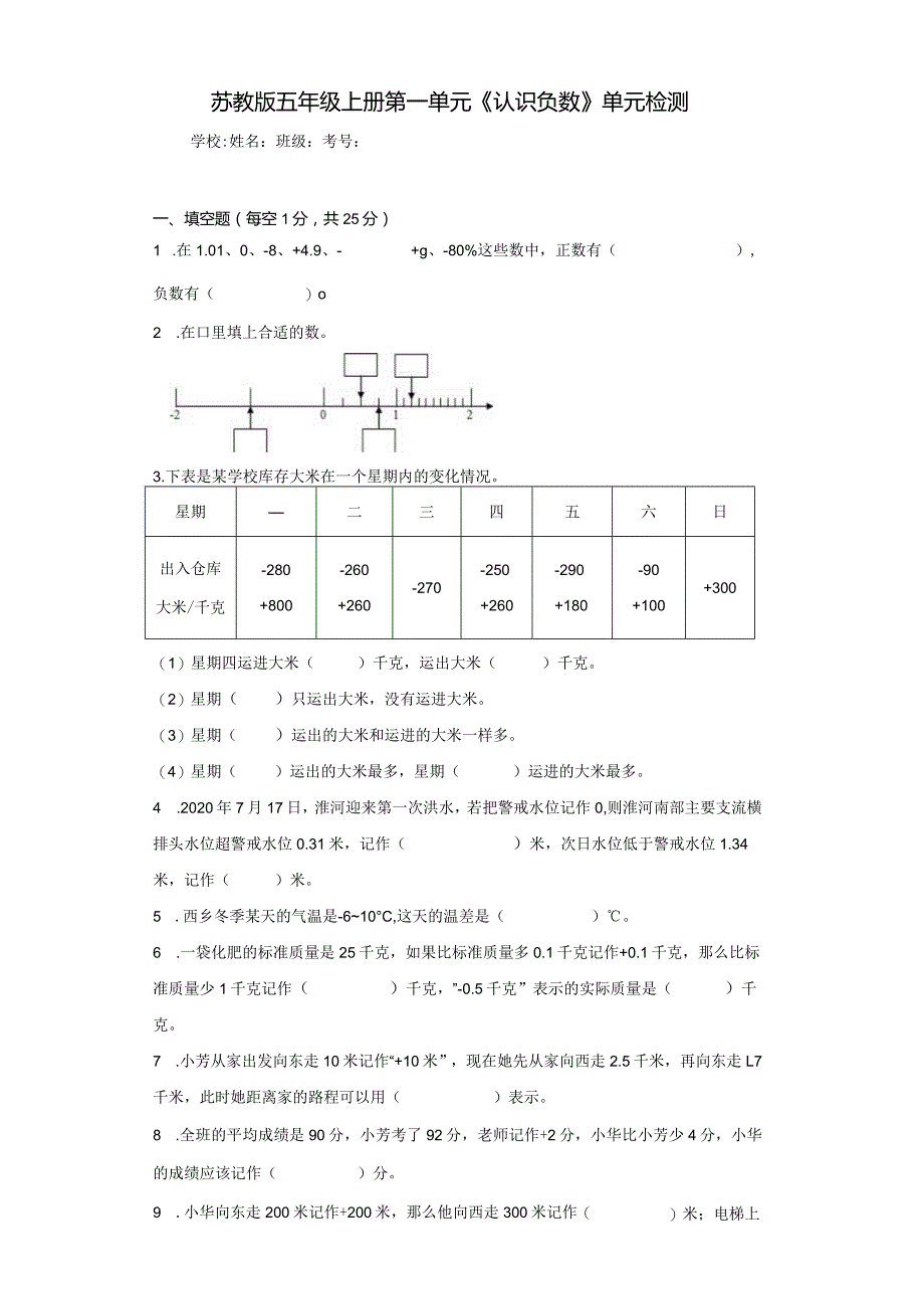 苏教版五上第一单元《认识负数》单元检测（含答案解析）.docx_第1页