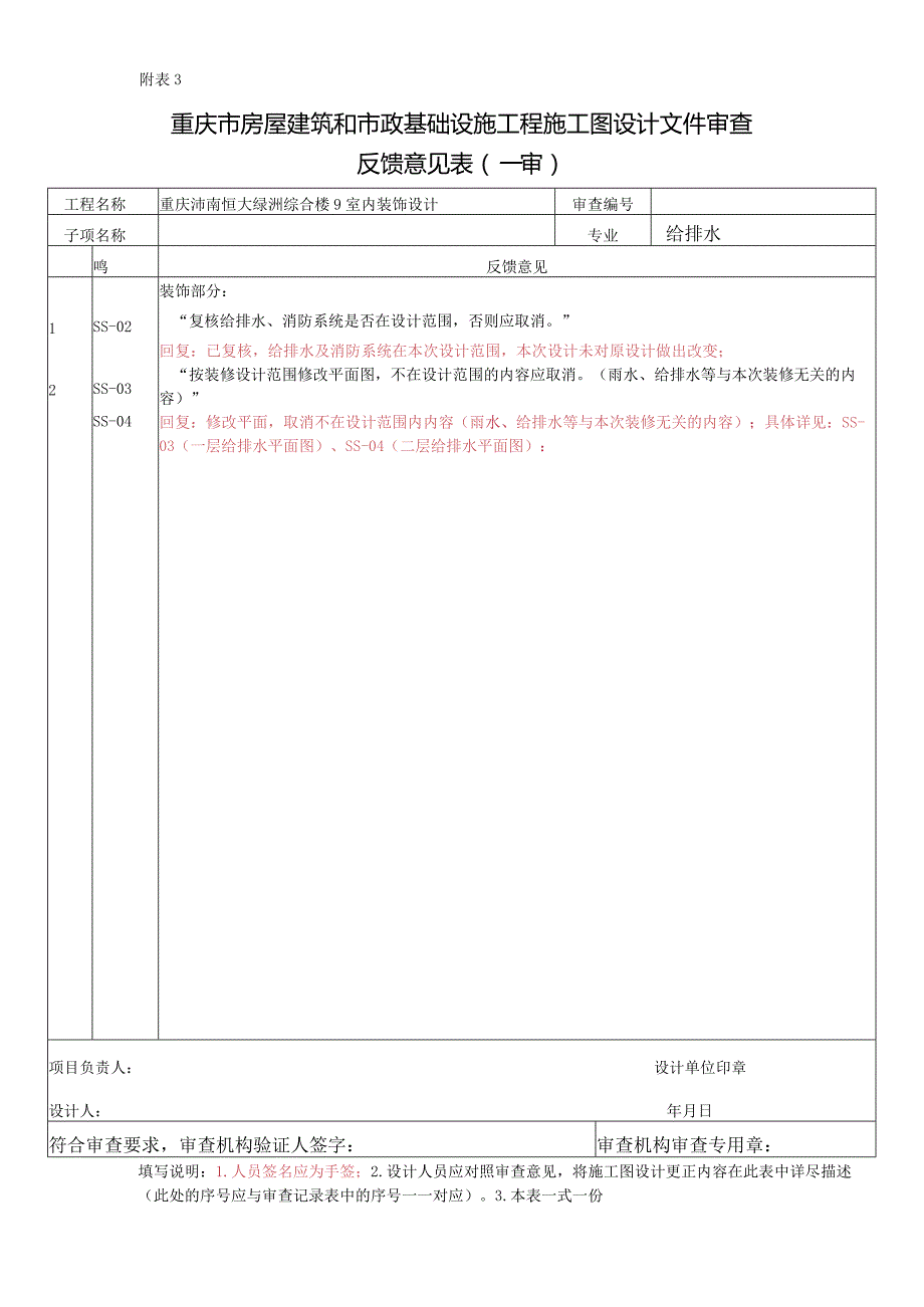 重庆潼南恒大绿洲综合楼9室内装饰设计审图回复 (给排水) 20190723.docx_第1页