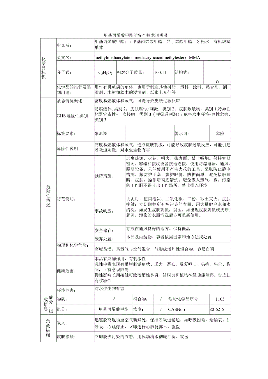 甲基丙烯酸甲酯的安全技术说明书.docx_第1页