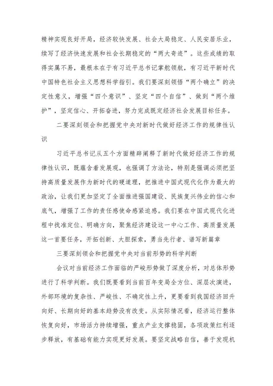 （10篇）学习贯彻2023年12月中央经济工作会议精神心得体会研讨发言材料.docx_第2页