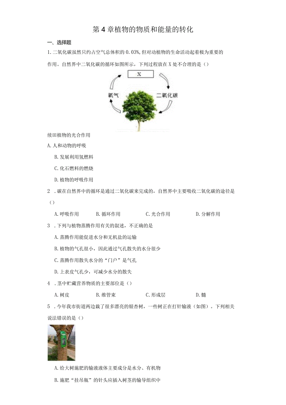 第4章 植物的物质和能量的转化 综合练习（含解析）.docx_第1页