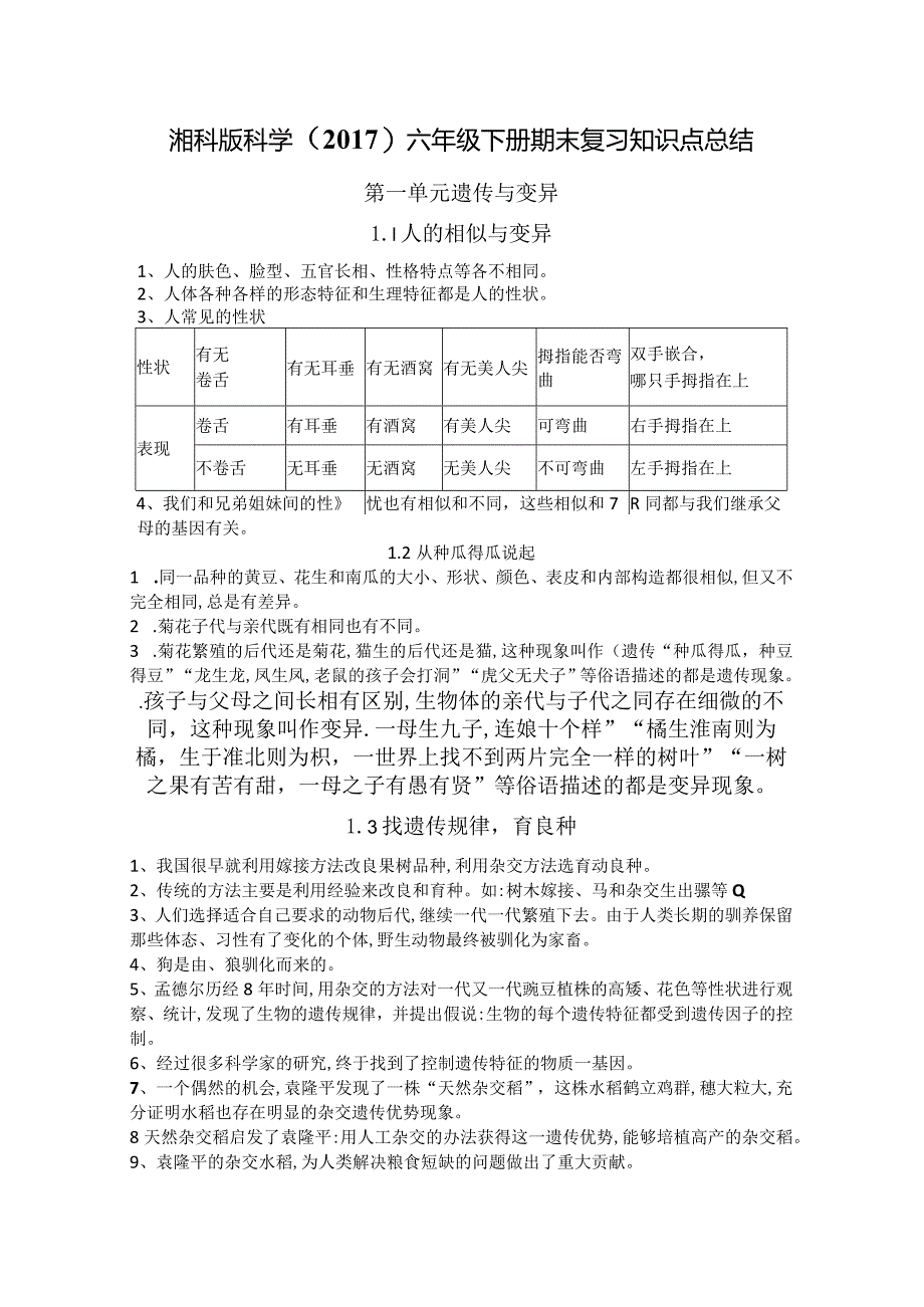 湘科版科学（2017）六年级下册期末复习知识点总结.docx_第1页