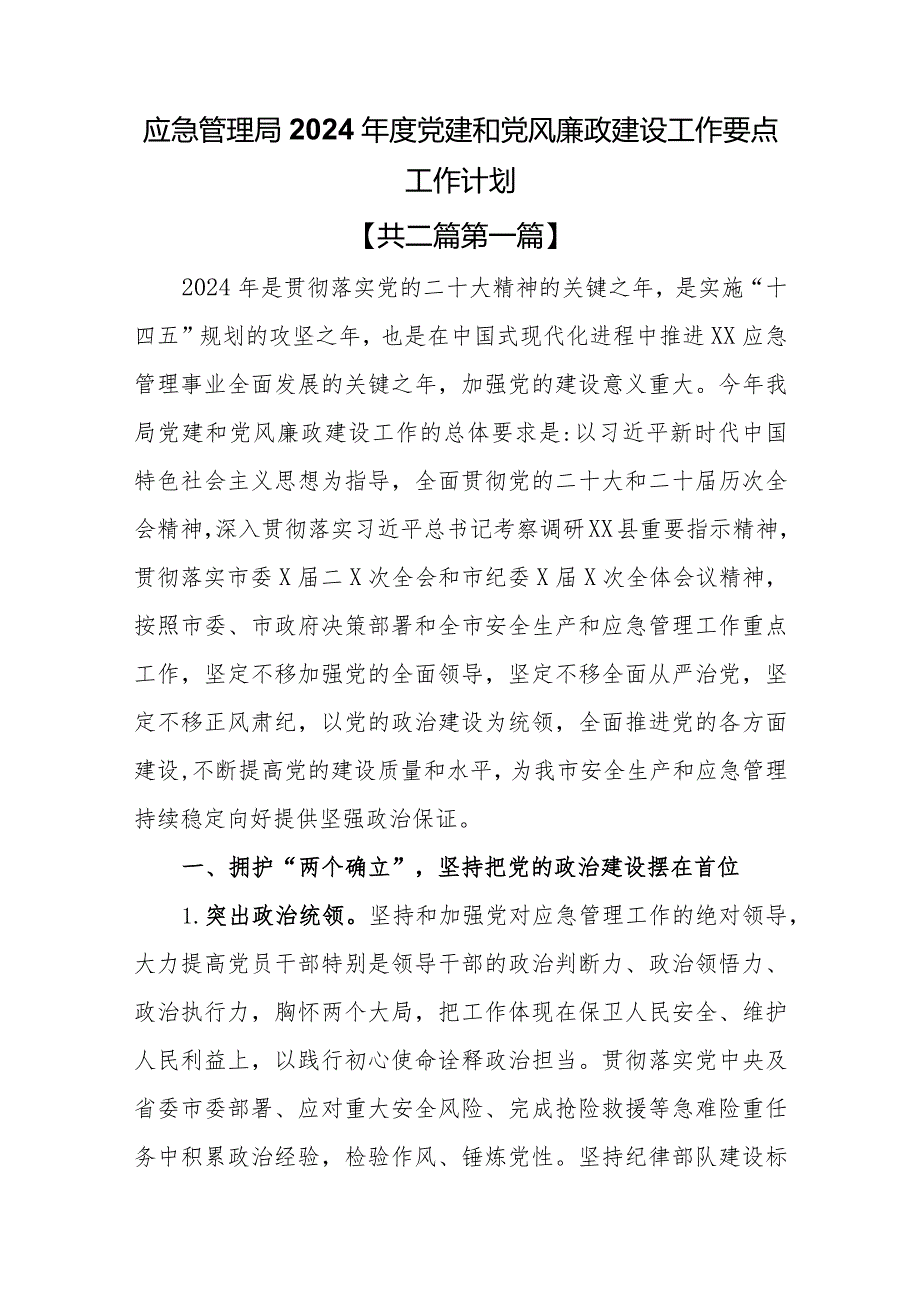 （2篇）应急管理局2024年度党建和党风廉政建设工作要点工作计划.docx_第1页