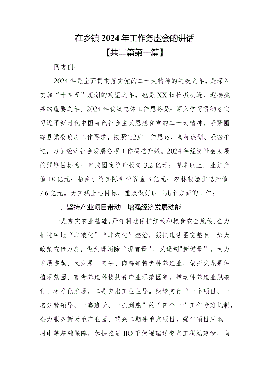 （2篇）在乡镇2024年工作务虚会的讲话.docx_第1页