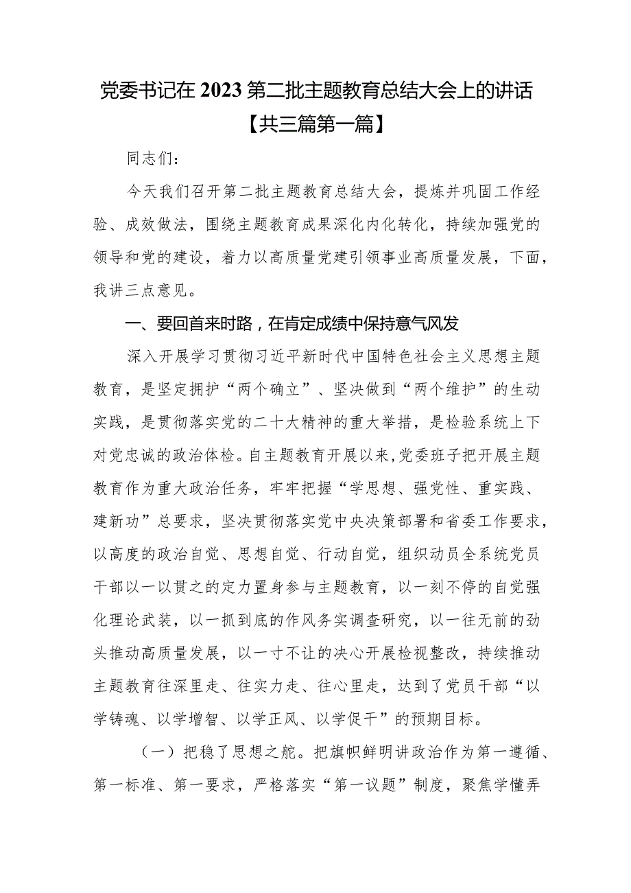 （3篇）党委书记在2023第二批主题教育专题总结大会上的讲话.docx_第1页