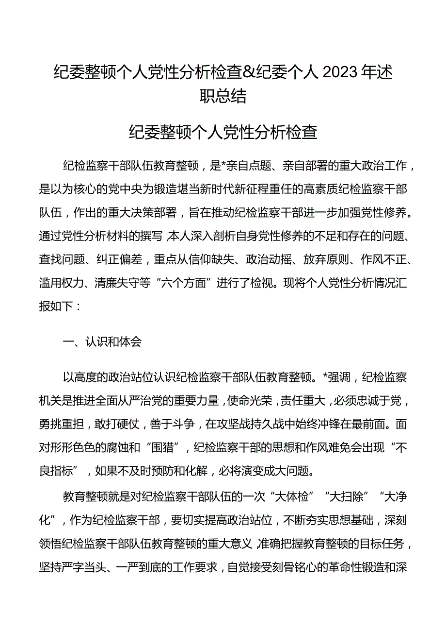 纪委整顿个人党性分析检查&纪委个人2023年述职总结.docx_第1页