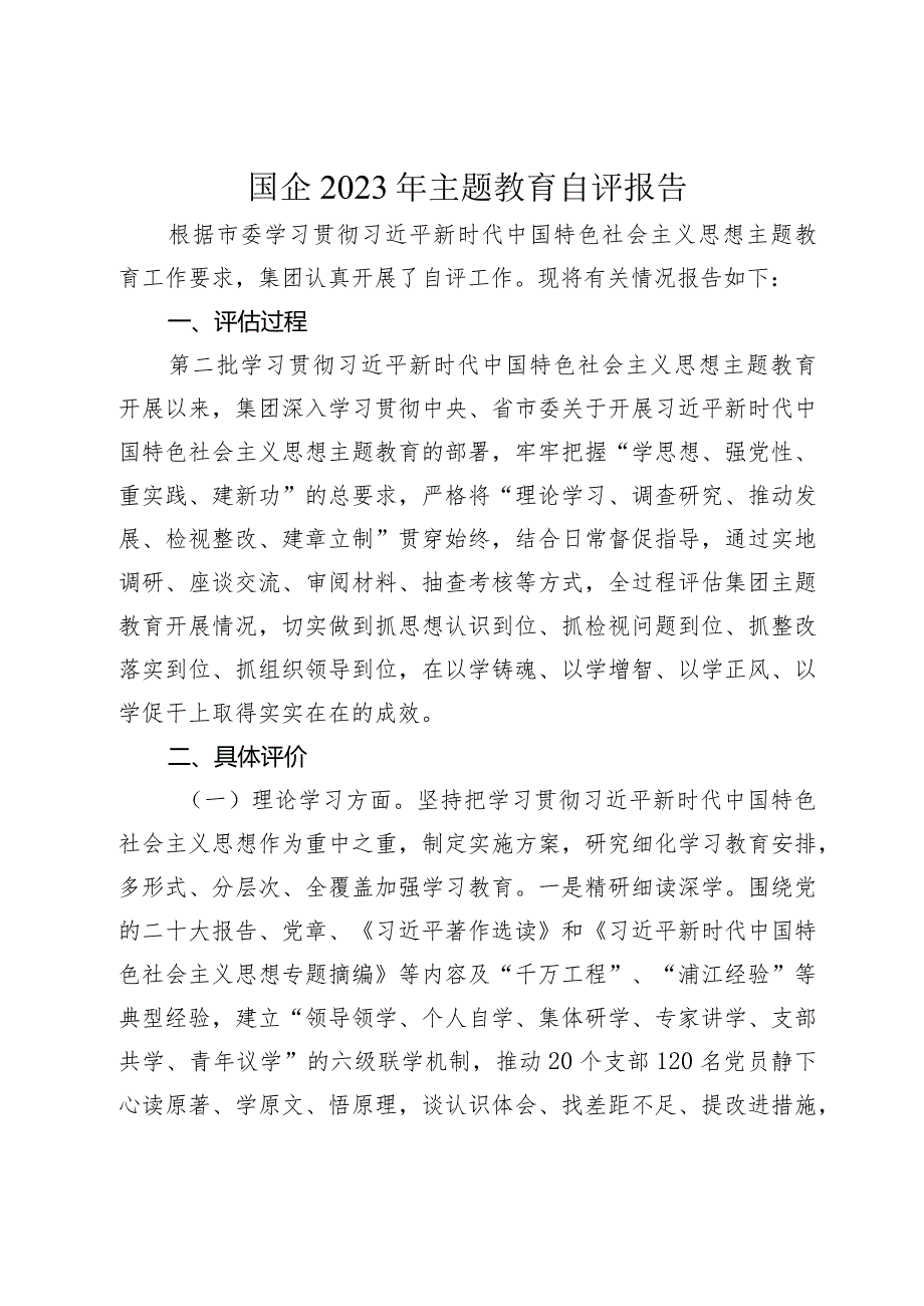 2篇国企公司2023-2024年主题教育开展情况自评报告.docx_第1页