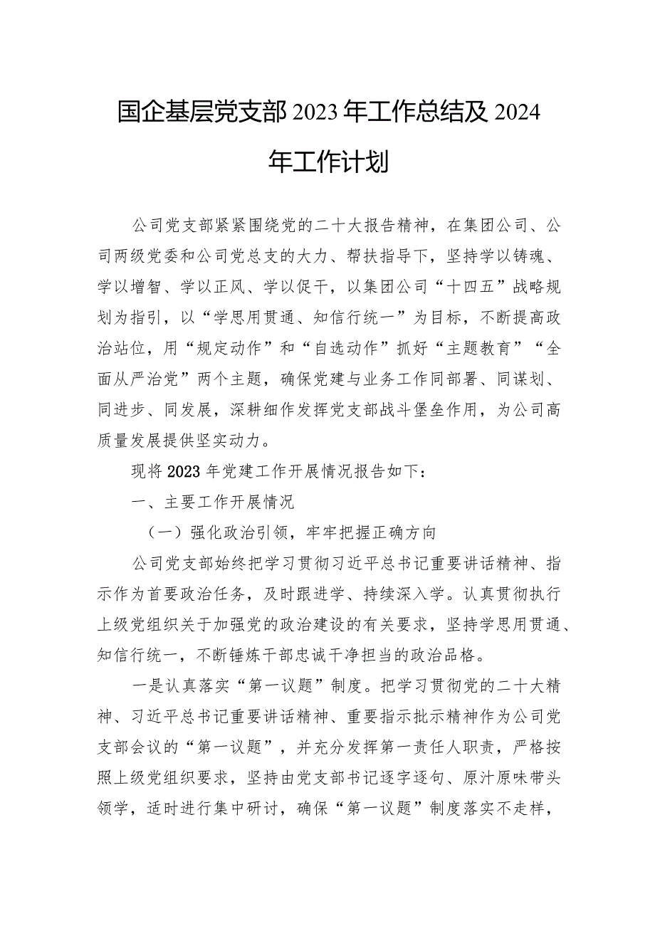 国企基层党支部2023年工作总结及2024年工作计划.docx_第1页