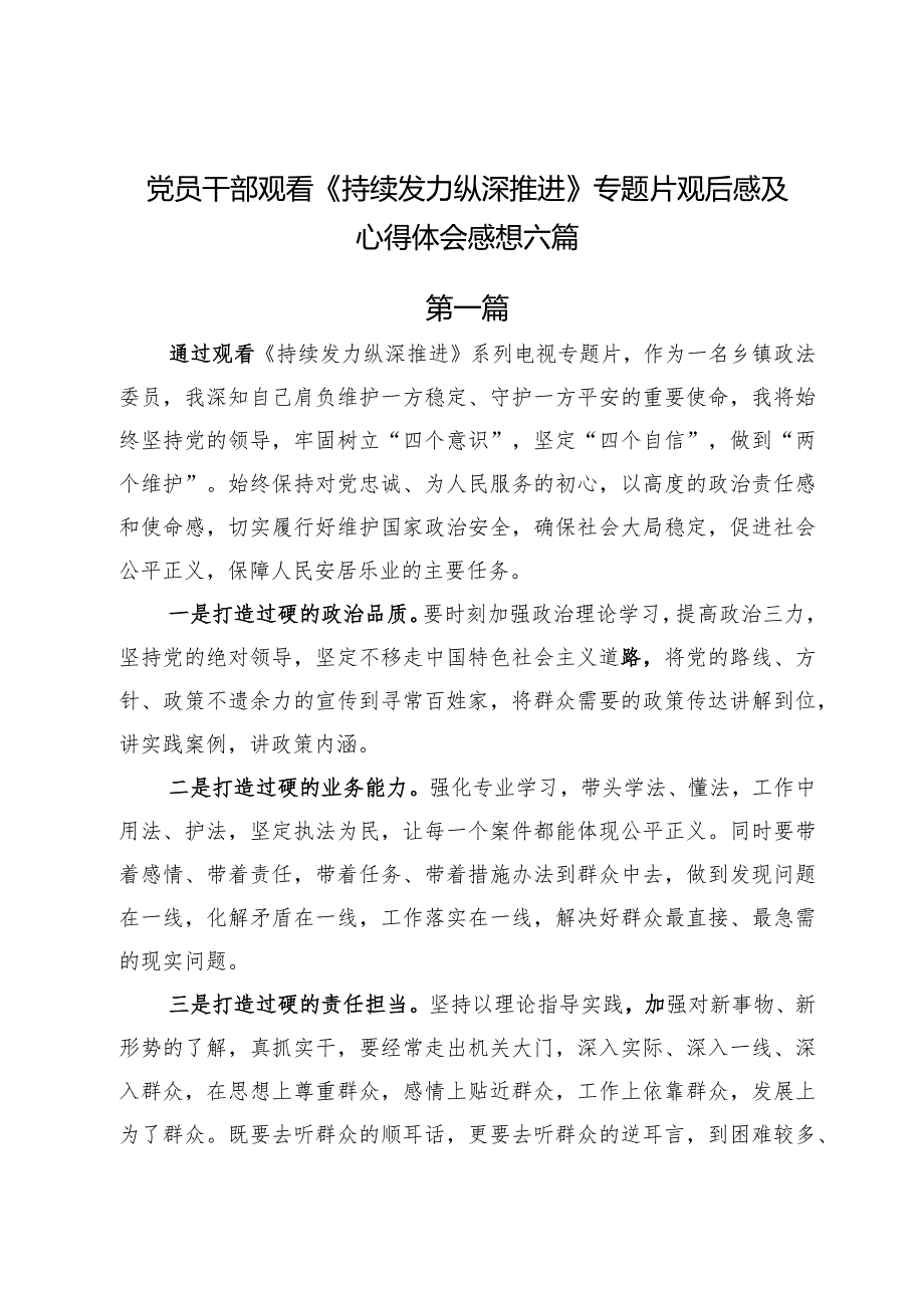 党员干部观看《持续发力 纵深推进》专题片观后感及心得体会感想六篇.docx_第1页