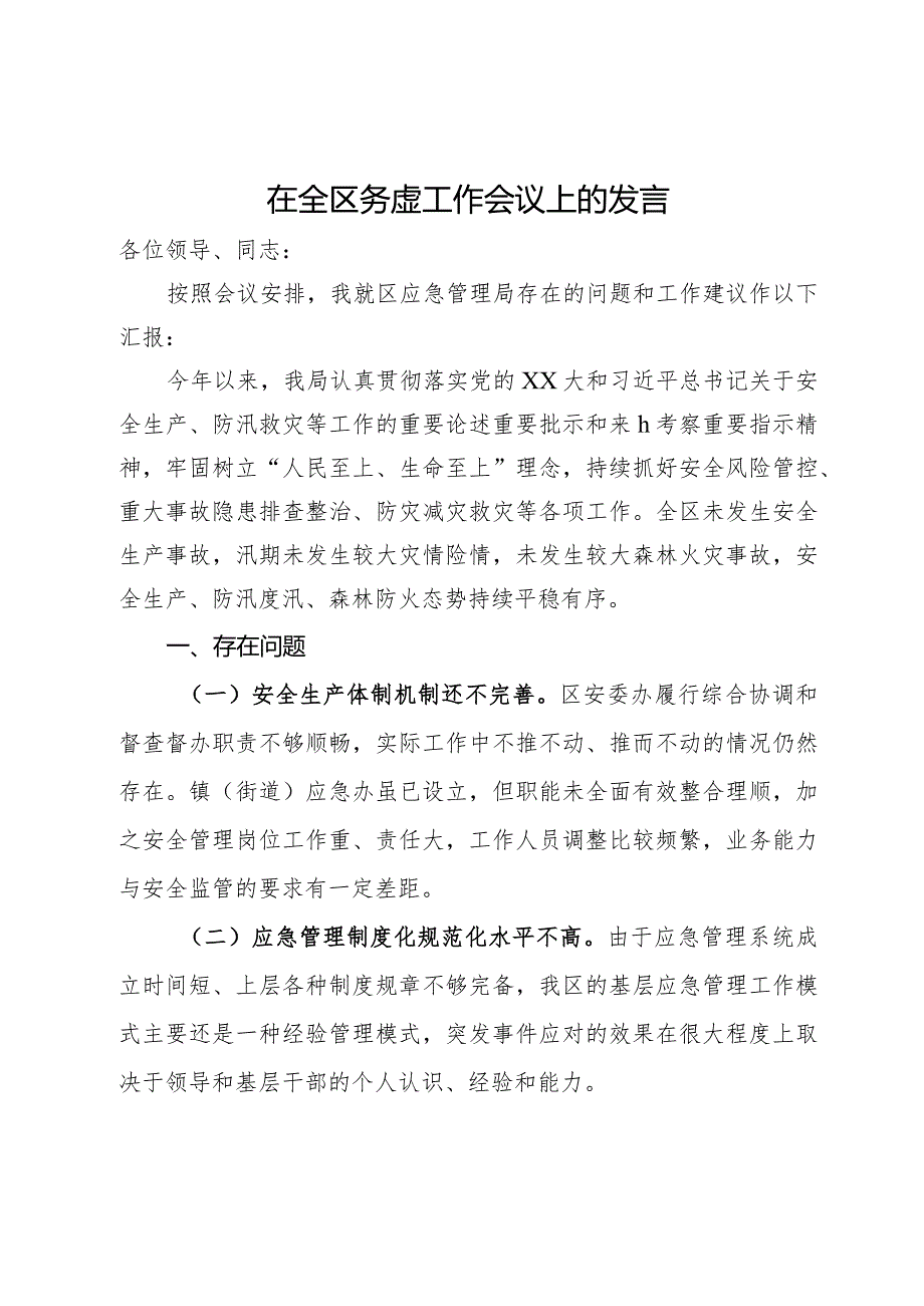 应急管理局局长在全区务虚工作会议上的发言.docx_第1页