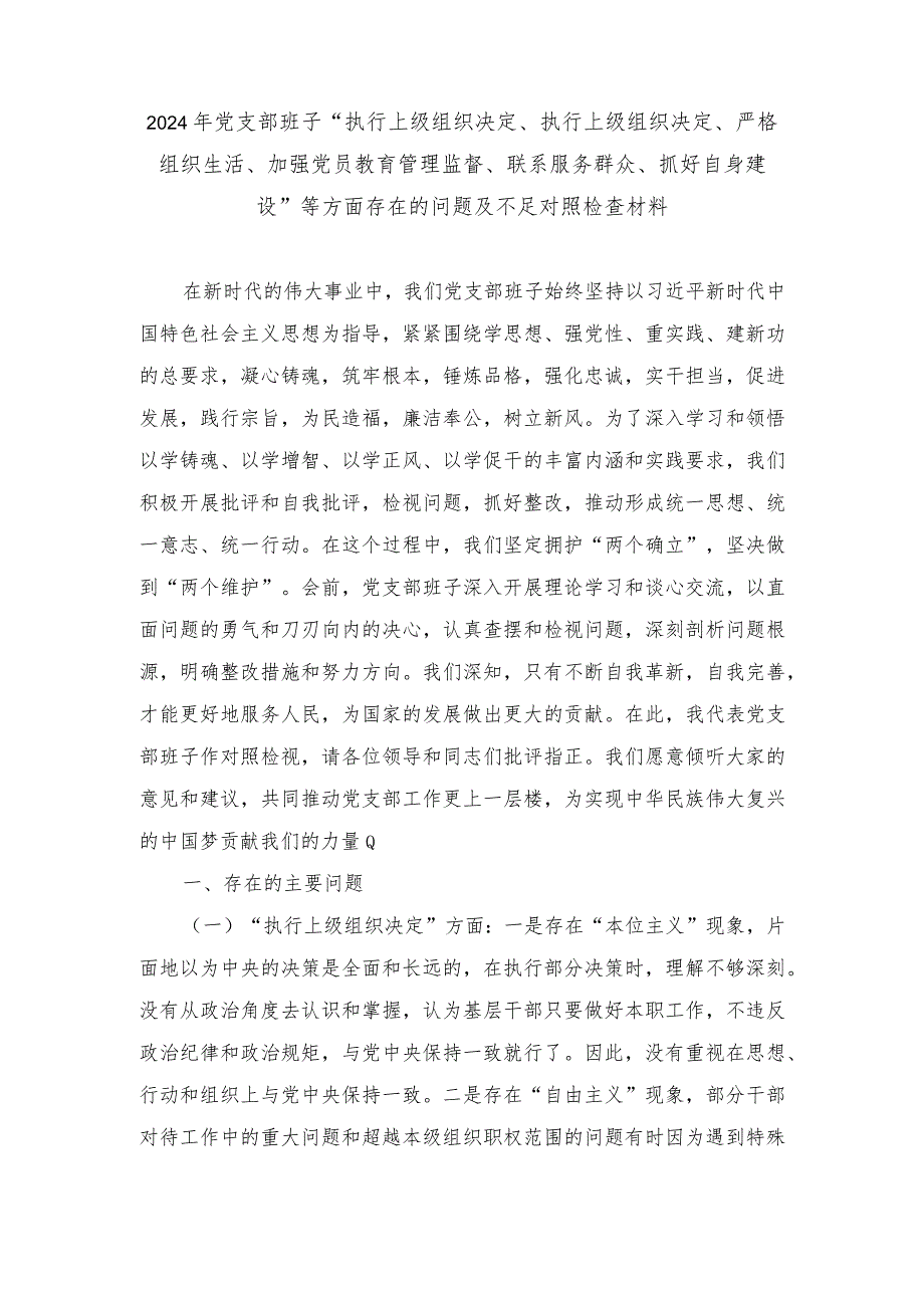 （范文）2024年党支部班子“执行上级组织决定、执行上级组织决定、严格组织生活、加强党员教育管理监督、联系服务群众、抓好自身建设”等方面.docx_第1页