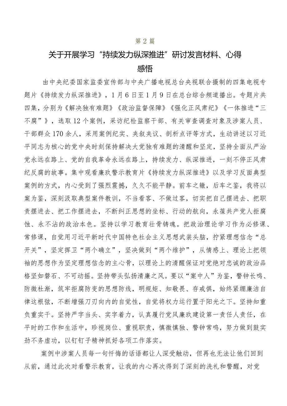 2024年《持续发力纵深推进》交流发言材料、心得体会共十篇.docx_第2页