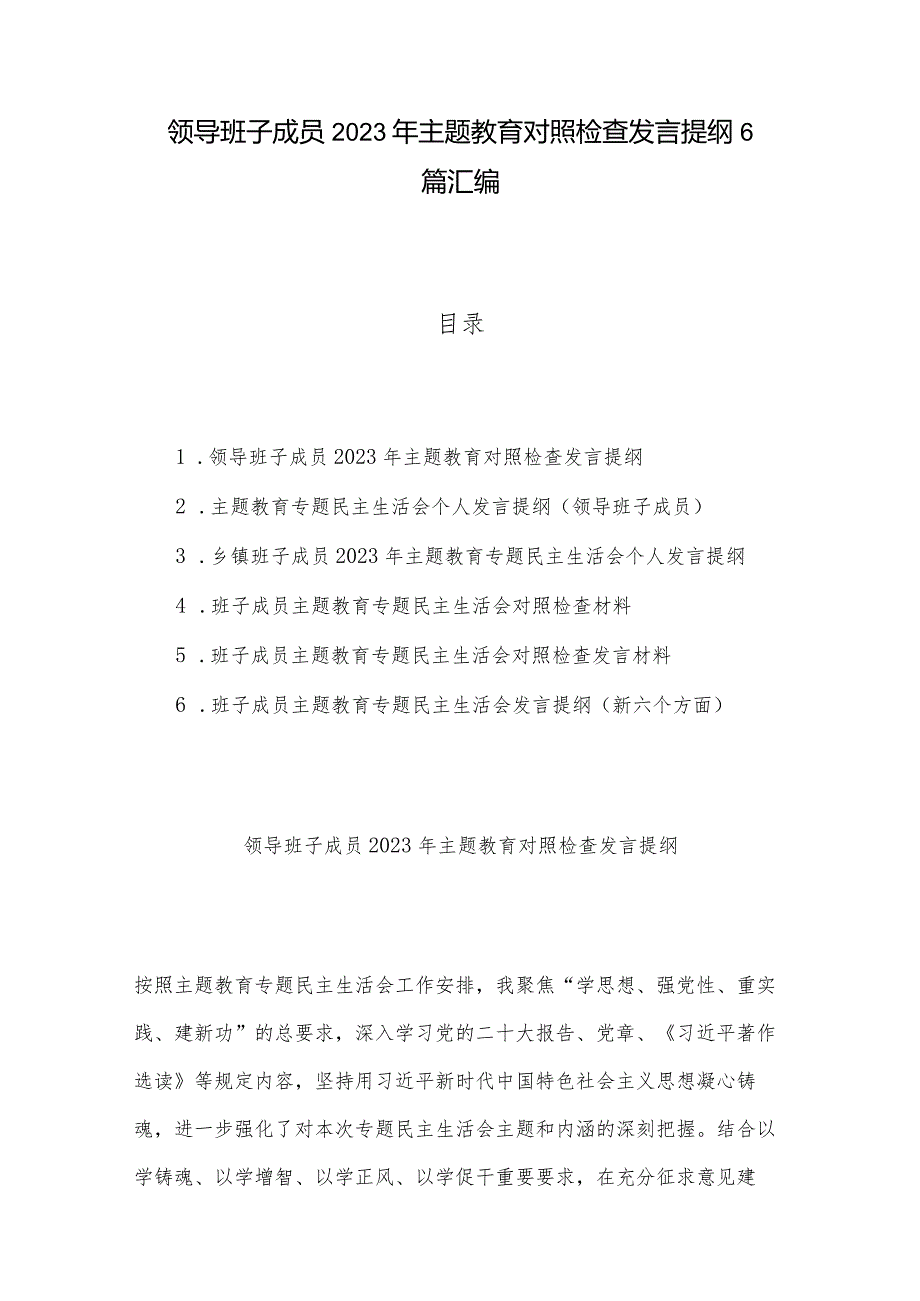 领导班子成员2023年主题教育对照检查发言提纲6篇汇编.docx_第1页