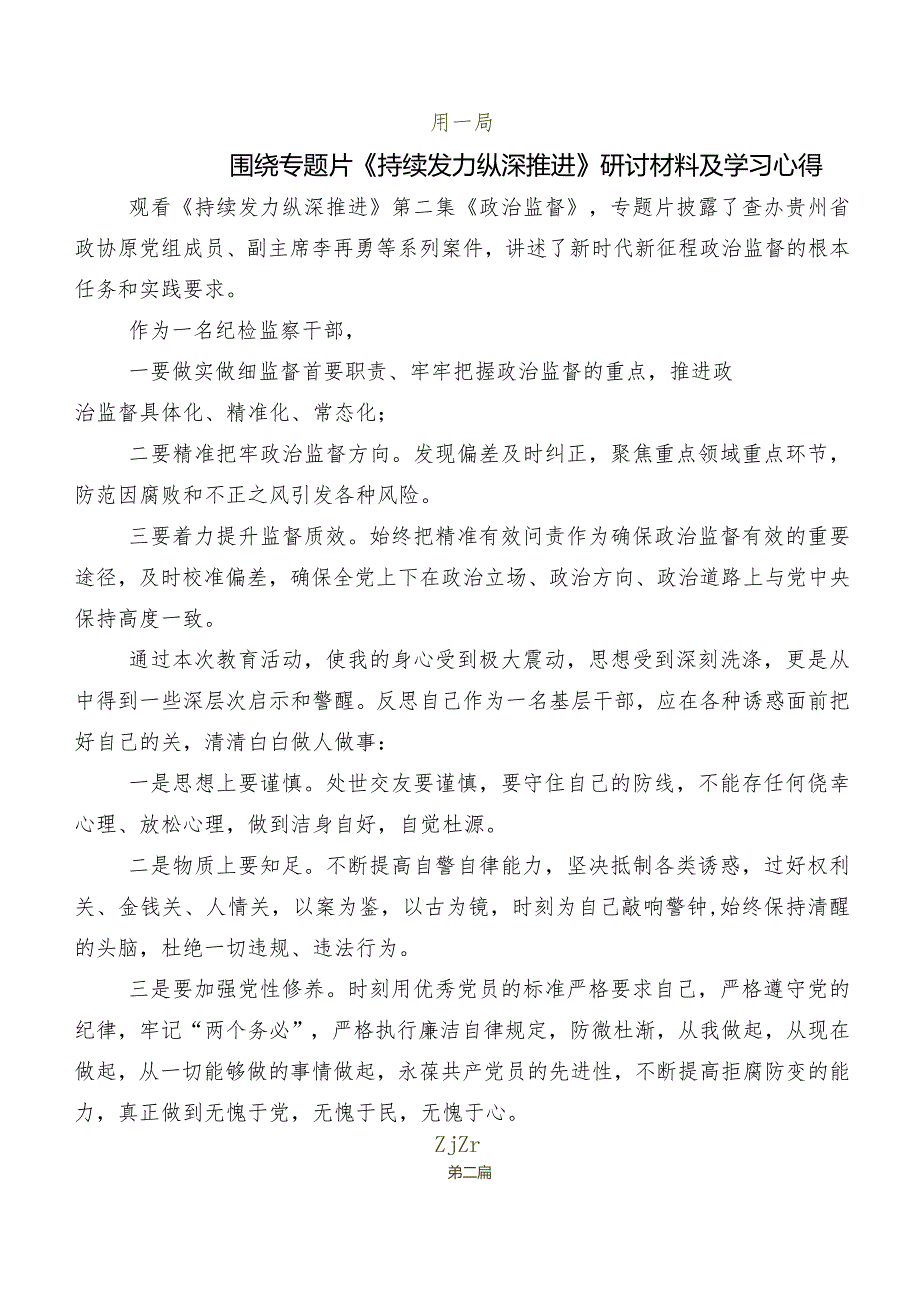 9篇汇编深入学习贯彻专题片《持续发力 纵深推进》交流发言材料、心得.docx_第2页