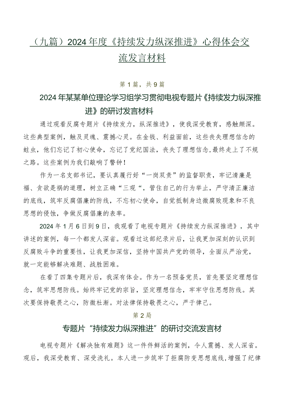 （九篇）2024年度《持续发力 纵深推进》心得体会交流发言材料.docx_第1页