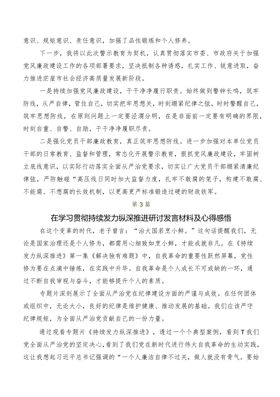 （九篇）2024年度《持续发力 纵深推进》心得体会交流发言材料.docx_第2页