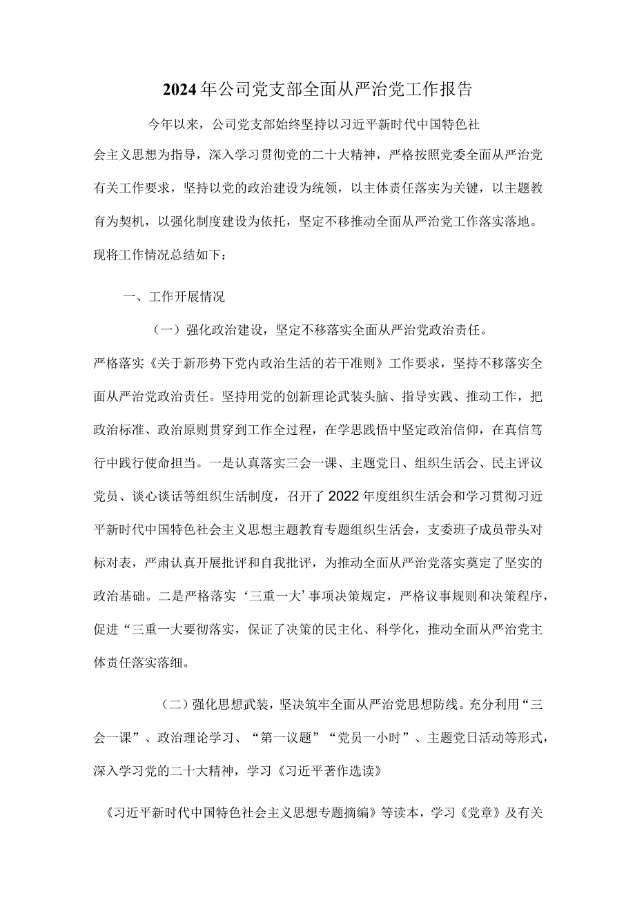 2024年公司党支部全面从严治党工作报告.docx_第1页