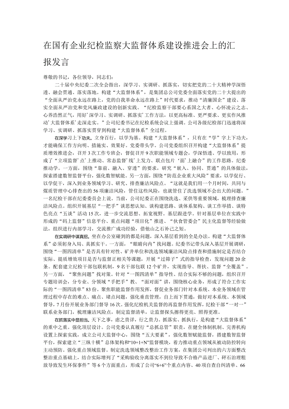 在国有企业纪检监察大监督体系建设推进会上的汇报发言.docx_第1页