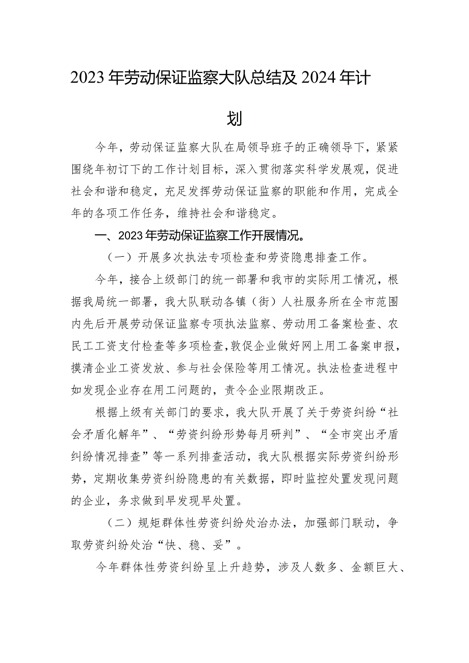 2023年劳动保障监察大队总结及2024年计划.docx_第1页