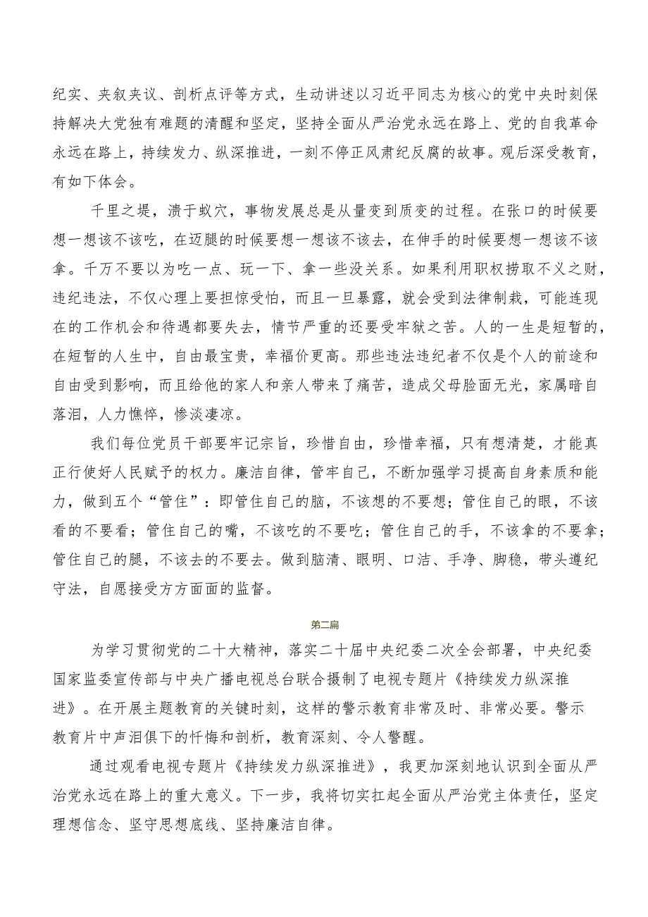 在深入学习贯彻电视专题片《持续发力纵深推进》交流发言稿、心得体会共8篇.docx_第2页