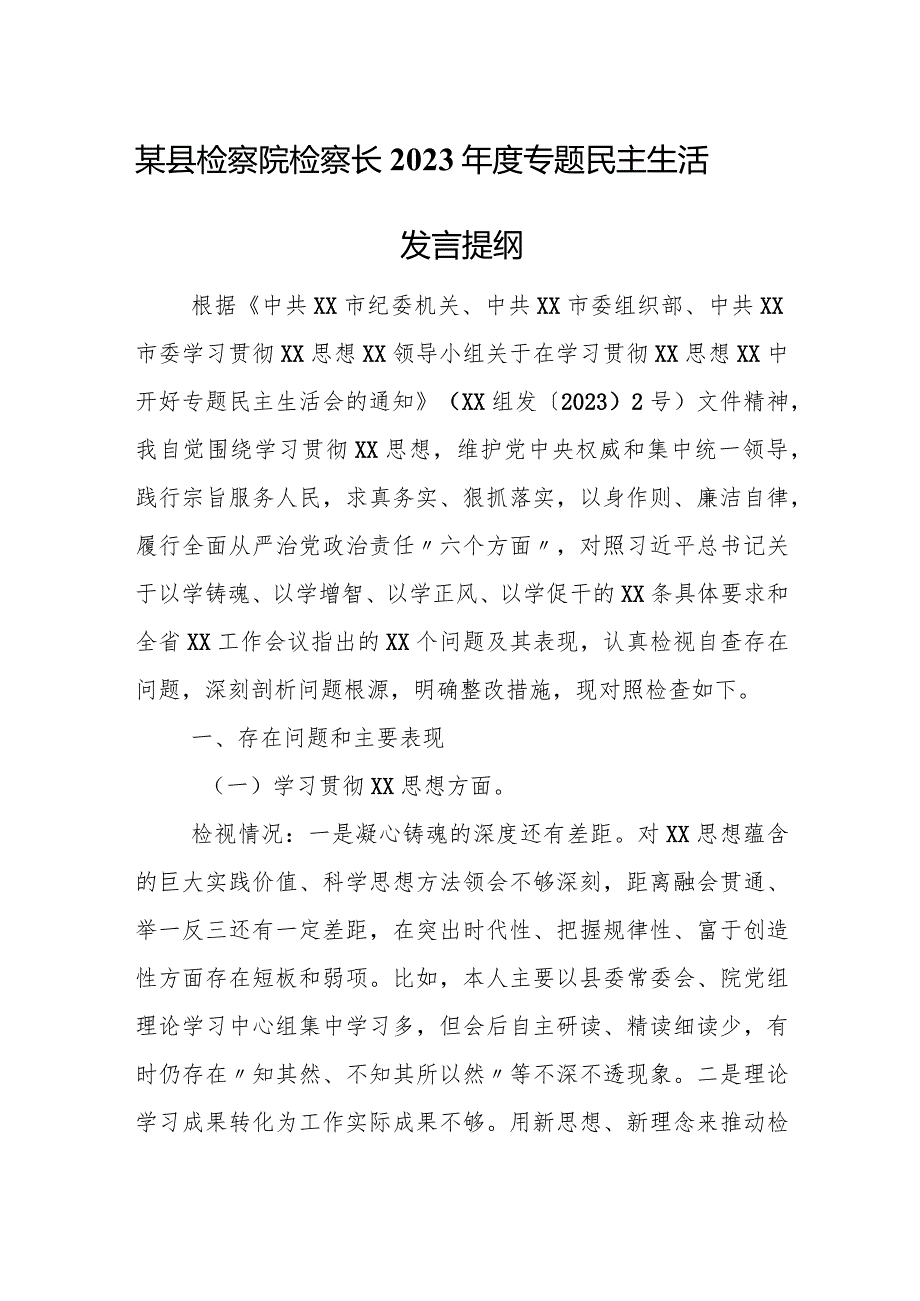 某县检察院检察长2023年度专题民主生活发言提纲.docx_第1页