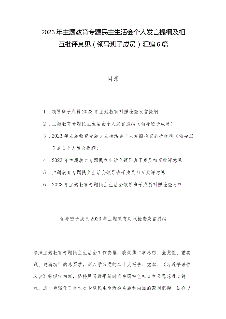 2023年主题教育专题民主生活会个人发言提纲及相互批评意见（领导班子成员）汇编6篇.docx_第1页