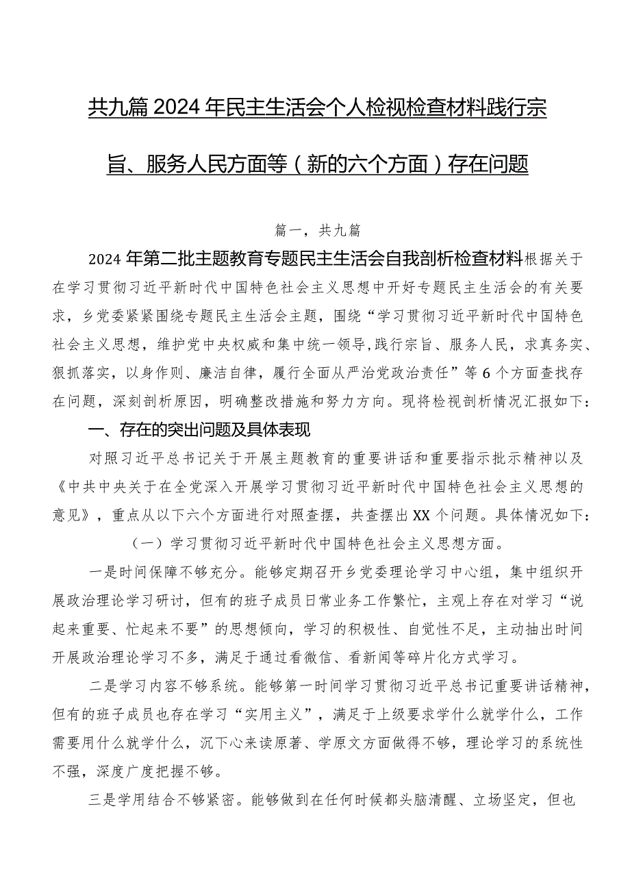 共九篇2024年民主生活会个人检视检查材料践行宗旨、服务人民方面等(新的六个方面)存在问题.docx_第1页