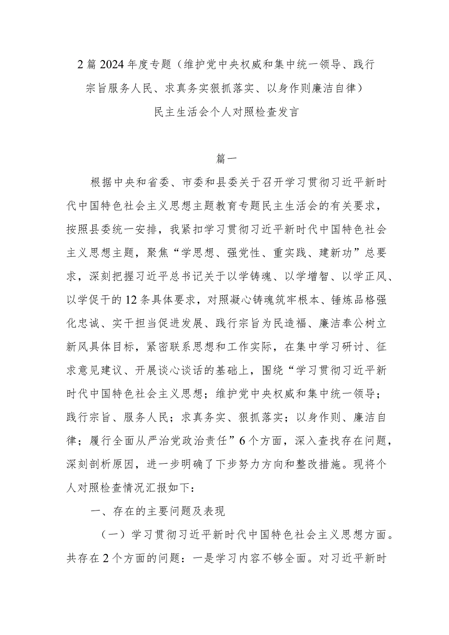 2篇2024年度专题(维护党中央权威和集中统一领导、践行宗旨服务人民、求真务实狠抓落实、以身作则廉洁自律).docx_第1页